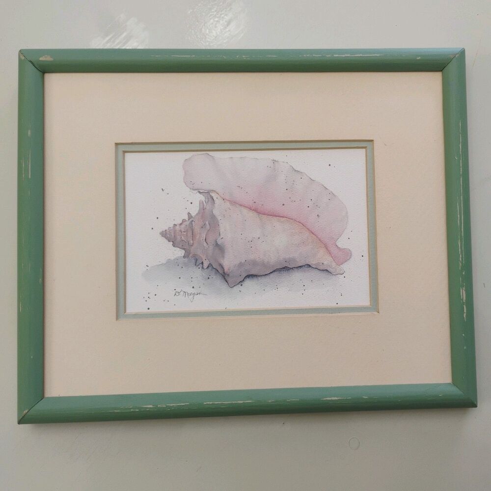 D. Morgan Lithograph Framed Print Conch Shell Coastal Theme Green distressed